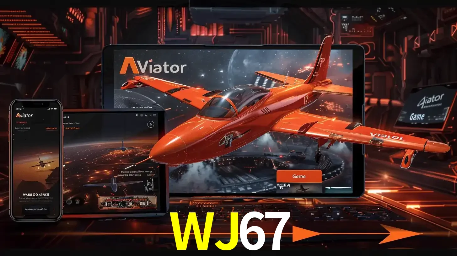 Apresentação tecnológica do jogo Aviator com um avião saindo da tela de um tablet, demonstrando a experiência imersiva em múltiplos dispositivos no WJ67.