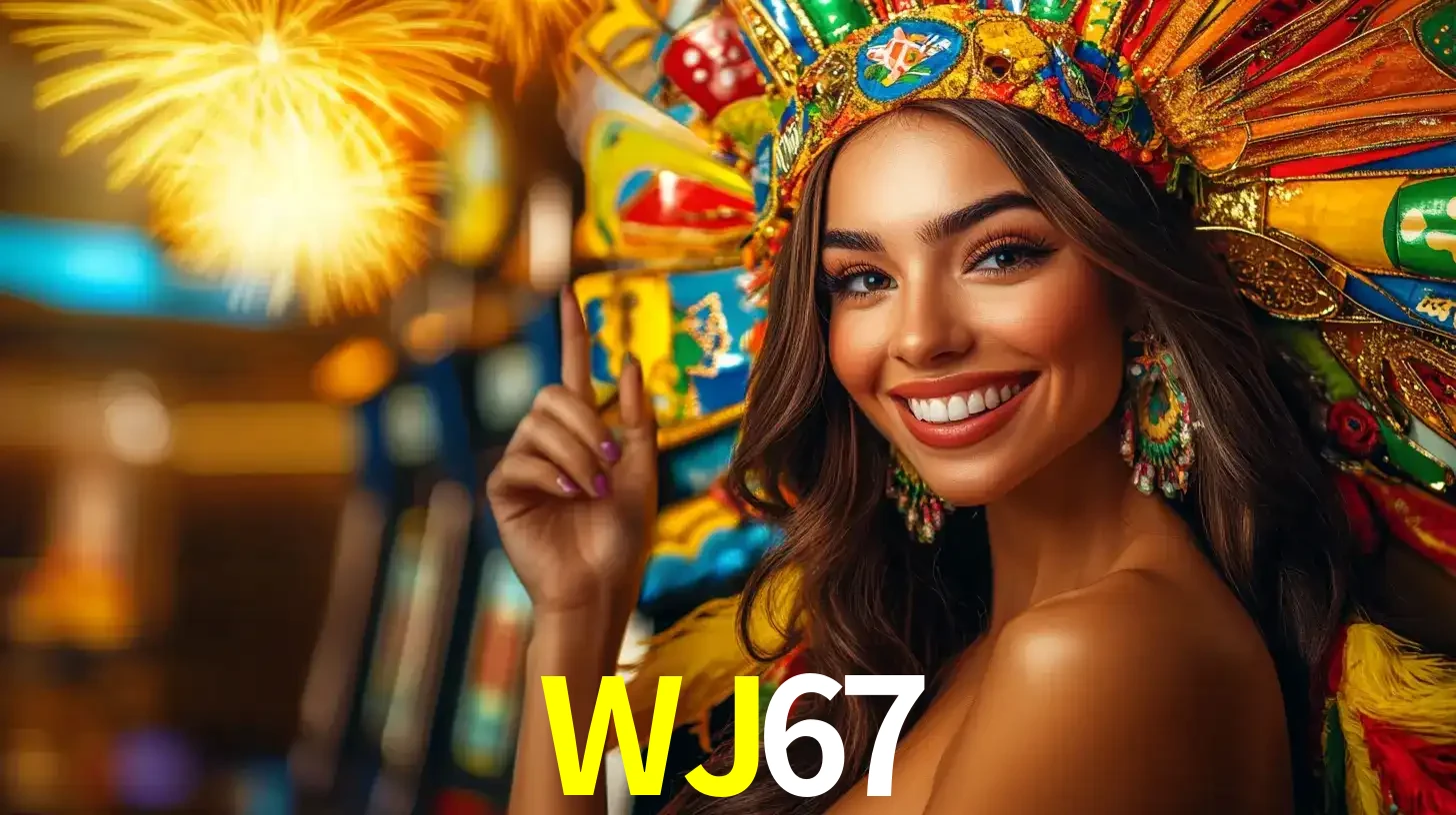 Mulher sorridente com um cocar de carnaval vibrante e colorido, celebrando uma grande vitória nos jogos do cassino WJ67 com fogos de artifício ao fundo.