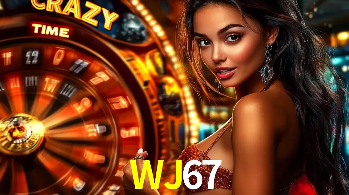 Mulher ao lado da roda de prêmios do jogo de cassino ao vivo Crazy Time, um dos shows de jogos mais emocionantes oferecidos pela plataforma de apostas WJ67.