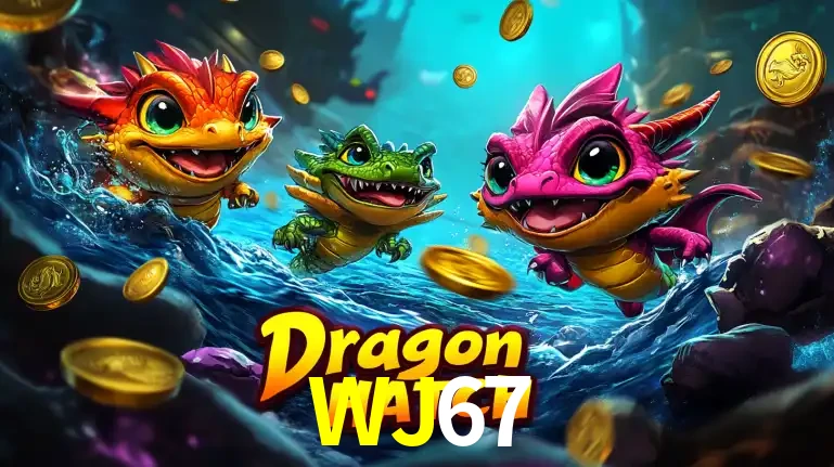 Arte promocional do jogo Dragon Hatch com três adoráveis dragões bebês nadando entre moedas de ouro, um dos slots mais divertidos para jogar no cassino WJ67.