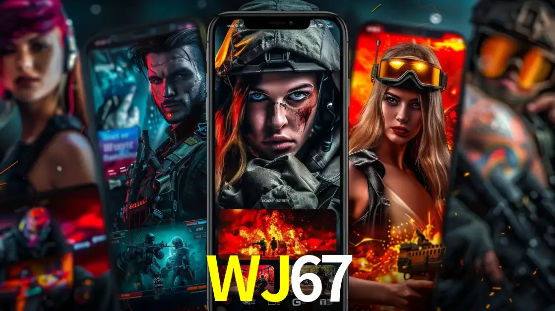 Montagem de telas de celular mostrando diversos personagens, masculinos e femininos, de um jogo de tiro, ilustrando a diversidade de equipes de e-sports para apostar no WJ67.