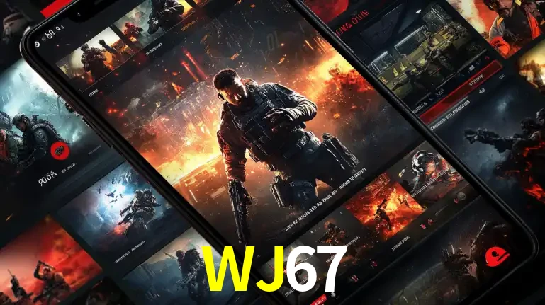 Tela de um celular exibindo uma galeria de jogos de tiro com temática militar, mostrando a variedade de e-sports disponíveis para apostas na plataforma de entretenimento WJ67.