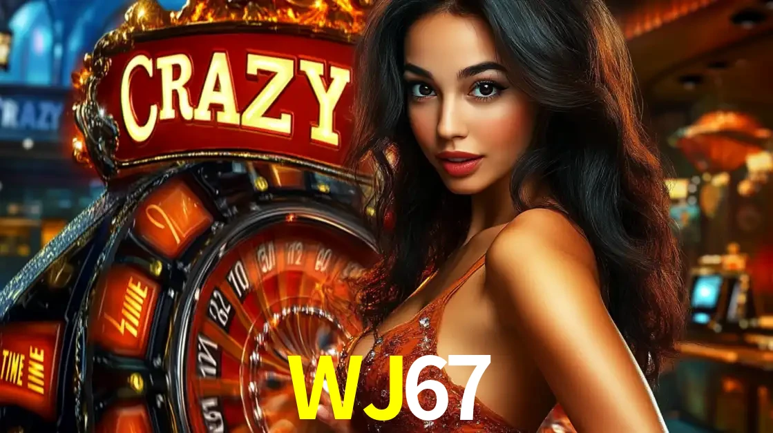 Mulher glamourosa olhando para a câmera com a roda vermelha do Crazy Time ao fundo em um ambiente de cassino, destacando a emoção dos jogos ao vivo no WJ67.