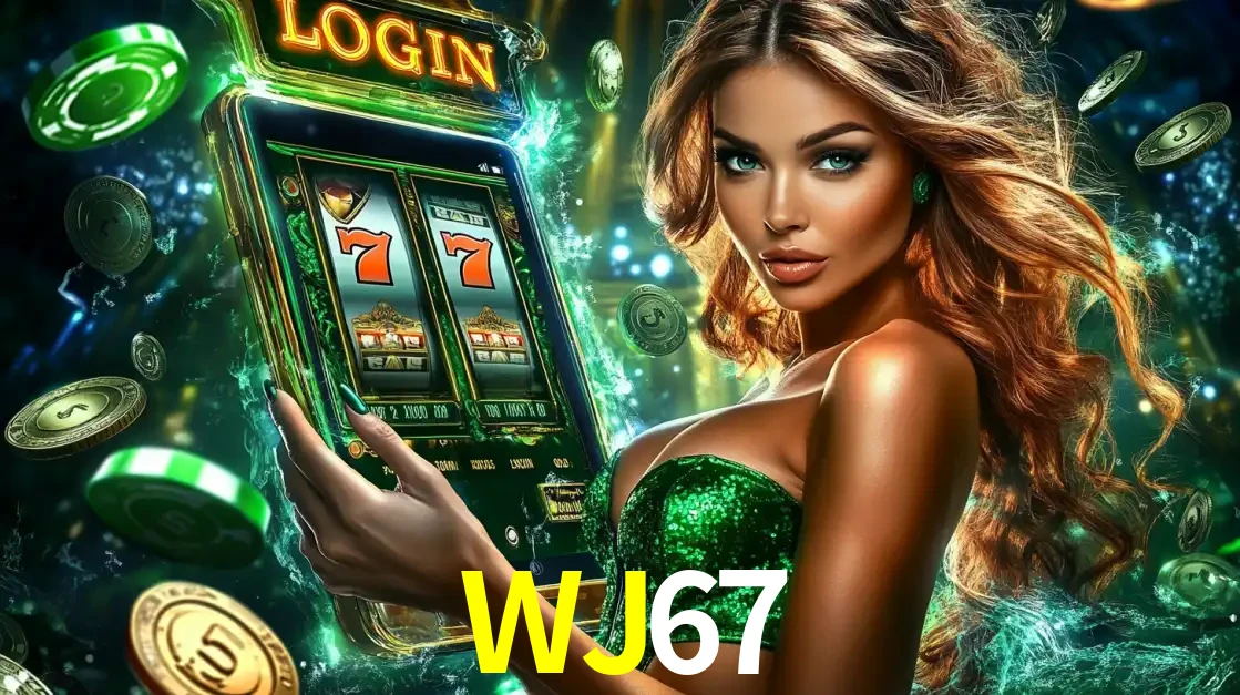 Mulher com tema verde apresentando o aplicativo do cassino WJ67 com um jogo de slot de 777, cercada por fichas de cassino e uma aura de sorte.