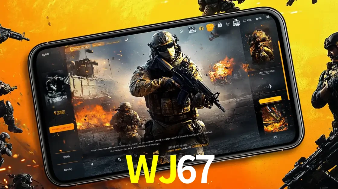 Um smartphone exibindo a interface de um jogo de tiro em primeira pessoa, com um soldado em um cenário de batalha, representando a ação dos e-sports para apostar no WJ67.