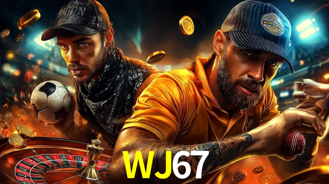 Montagem de apostas esportivas e cassino no WJ67, com um homem segurando uma bola de futebol e outro uma de beisebol sobre uma roleta e moedas voadoras.