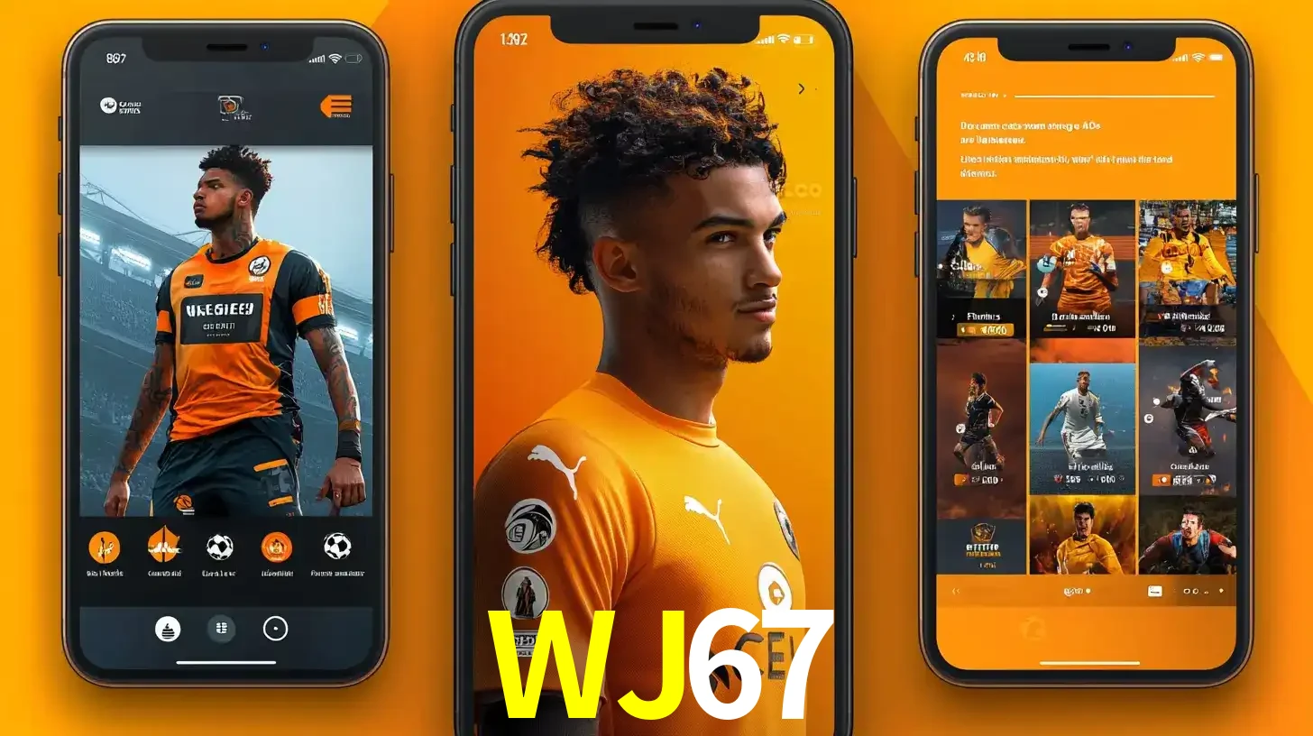Interface do aplicativo de apostas esportivas WJ67 em três telas de celular, mostrando o perfil de um jogador de futebol e a lista de jogos disponíveis para apostar.