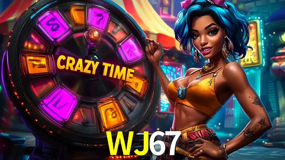 Mulher estilizada com cabelo azul e visual vibrante posando ao lado da roda de prêmios do game show Crazy Time, convidando para a diversão e os bônus do cassino WJ67.