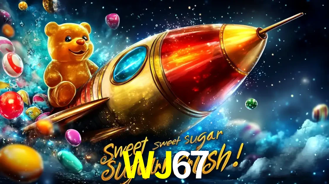 Arte promocional do jogo de slot Sugar Rush, com um urso de pelúcia em um foguete viajando pelo espaço de doces, um dos jogos divertidos disponíveis no cassino WJ67.
