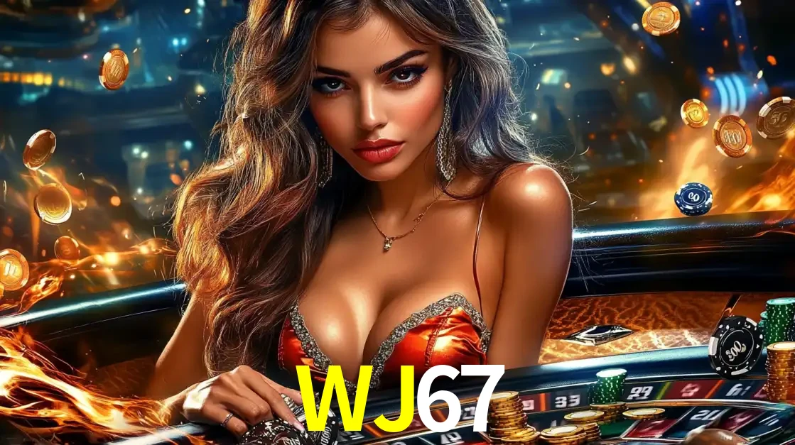 Mulher glamourosa em uma mesa de roleta com um fundo de chamas e moedas voadoras, pronta para fazer sua aposta e ganhar grandes prêmios no cassino ao vivo WJ67.