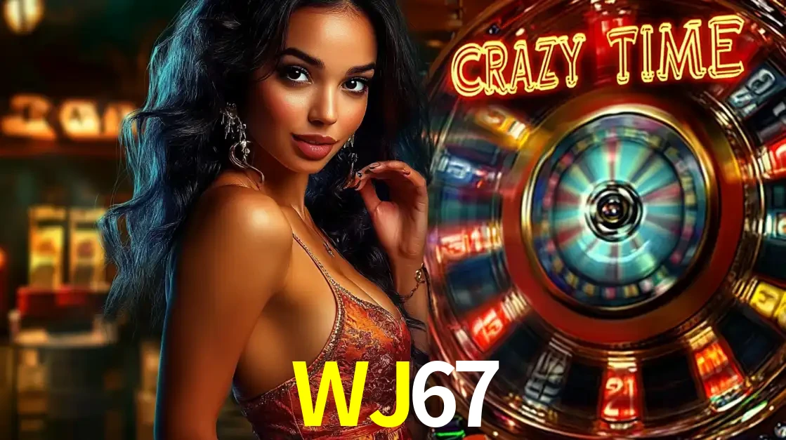 Mulher elegante ao lado da vibrante roda da fortuna do jogo de cassino ao vivo Crazy Time, um dos game shows mais populares e cheios de prêmios do WJ67.