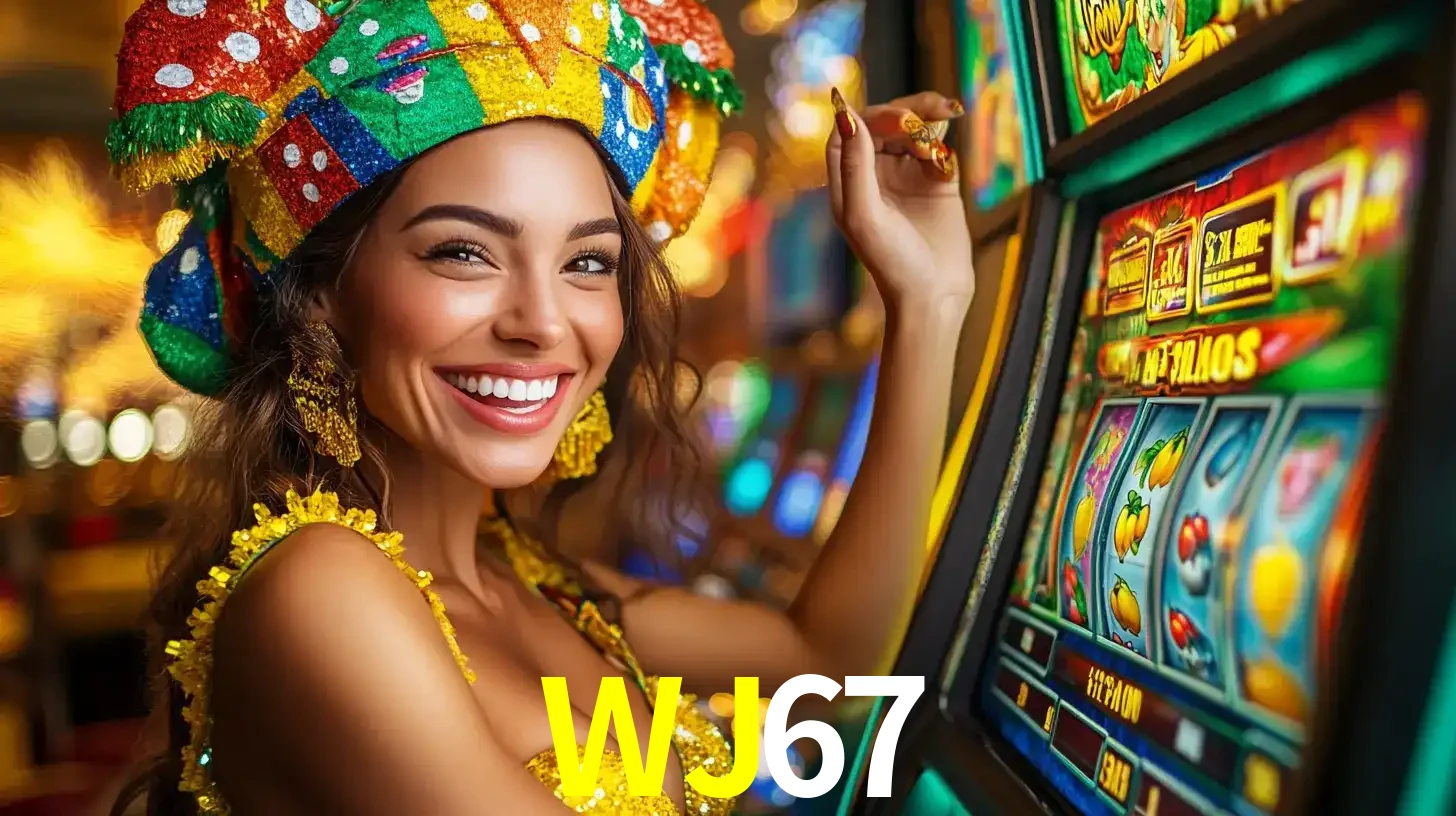 Mulher feliz com traje de carnaval amarelo e colorido ao lado de uma máquina de caça-níqueis, aproveitando a diversão e os jogos temáticos do cassino WJ67.