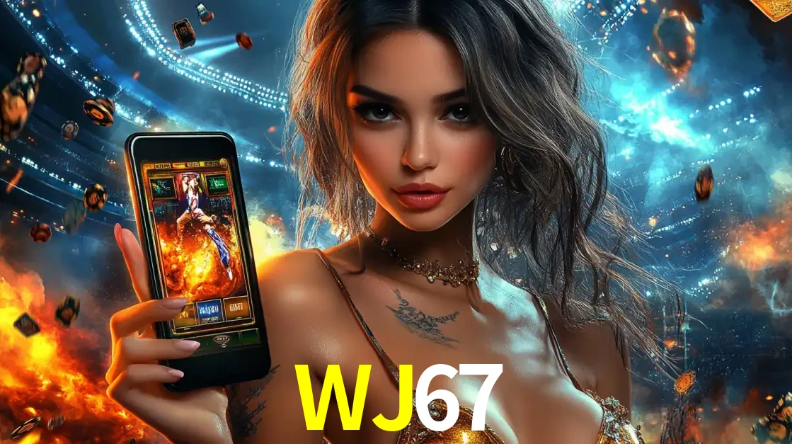 Mulher segurando um celular com um jogo de slot em destaque, tendo como fundo um estádio vibrante, simbolizando a emoção de jogar no cassino móvel WJ67.